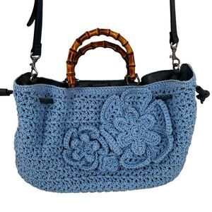 Patricia Nash Safflower Blue Cantinella Crochet Bag with Bamboo Handles